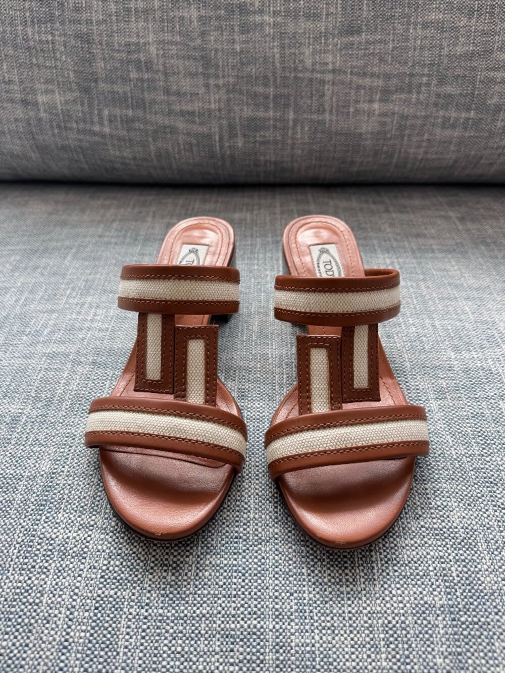 Tod's Double T Heeled Sandal | Brown Leather & Ivory White Canvas | Size 36 6 - Picture 2 of 10
